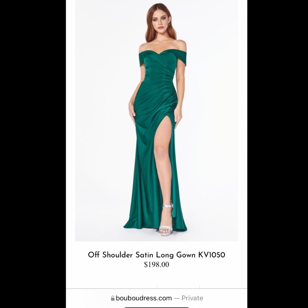 Elegant BouBou KV1050 Off Shoulder Emerald Green Satin Long Gown with Slit